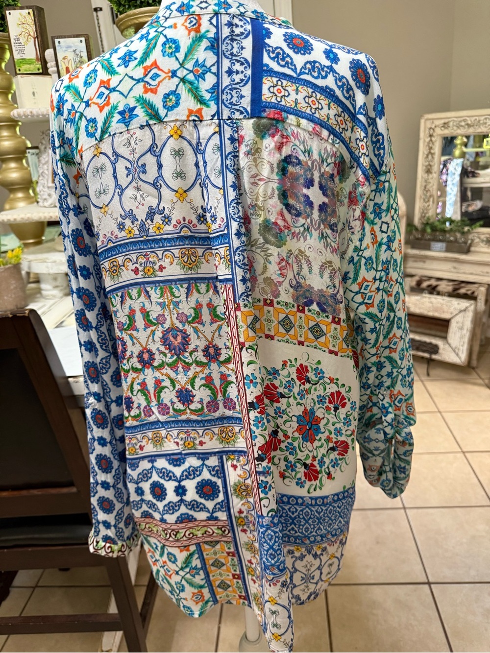Bohemian Floral Patchwork Button-Up Blouse - Blue - Picture 7 of 7